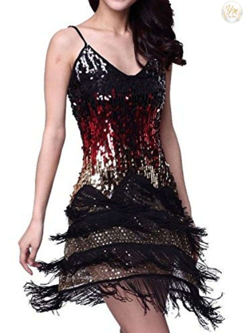 Adjustable Strap Gradient Sequin Fringe Party Dance Dress